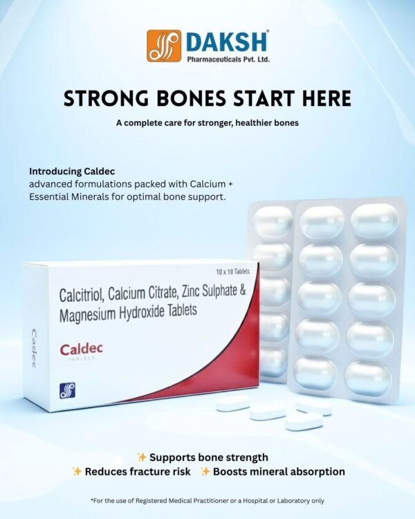 CALDEC tablets containing Calcitriol 0.25 mcg, Calcium Citrate 750 mg, Zinc 7.5 mg, and Magnesium 100 mg in 10x10 alu-alu packaging for bone health and calcium supplementation.