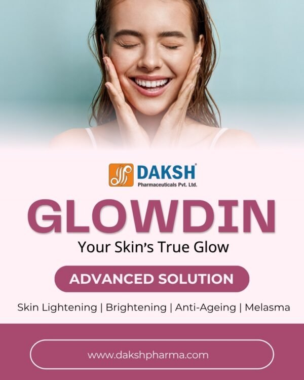 GLOWDIN skincare range featuring dermatology formulations for brightening, acne care, pigmentation control, and skin rejuvenation, including face washes, lotions, gels, and antioxidant tablets.