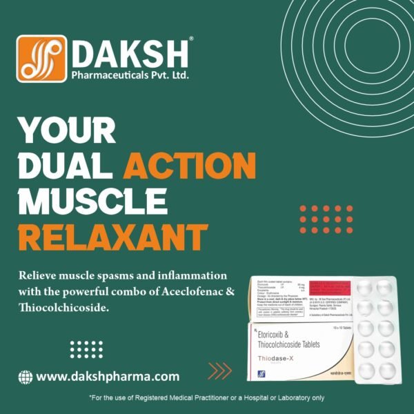 THIODASE-A tablets containing Aceclofenac 100 mg and Thiocolchicoside 4 mg in ALU-ALU blister pack for pain and muscle spasm relief