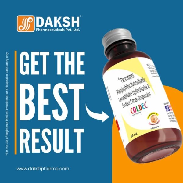 COLDEC™ (Paracetamol 250 mg + Phenylephrine HCl 5 mg + Levocetirizine HCl 1.25 mg + Sodium Citrate 60 mg per 5 ml) 60 ml PET with Cover Daksh pharma, cold and flu syrup, allergy relief syrup, pediatric cold medicine, pharmaceutical syrup India, PCD franchise, daksh pharma panchkula, Pharma distribution, third party manufacturing, Manufacturing company panchkula, Pharma company in India, Daksh panchkula, PCD Franchise across india, medicine wholesale distribution, haryana based pcd company, contract manufacturing, daksh, manufacturing capacity, medicine manufacturing, branded medicines india