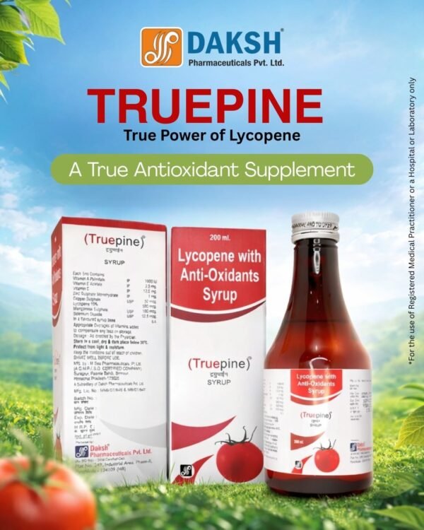 TRUEPINE range by Daksh Pharmaceuticals including Lycopene antioxidant tablets, TRUEPINE-Z softgel capsules, and Lycopene syrup in various packaging for immunity, antioxidant support, and general wellness. Daksh pharma, PCD franchise, daksh pharma panchkula, Pharma distribution, third party manufacturing, Manufacturing company panchkula, Pharma company in India, Daksh panchkula, PCD Franchise across india, medicine wholesale distribution, haryana based pcd company, contract manufacturing, daksh, manufacturing capacity, medicine manufacturing, branded medicines india