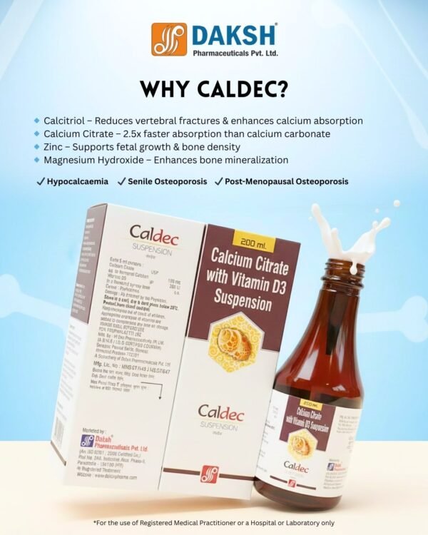 CALDEC calcium syrup with Calcium Citrate 100 mg and Vitamin D3 200 IU in a 200 ml pet bottle with cover, formulated for strong bones and improved calcium absorption.