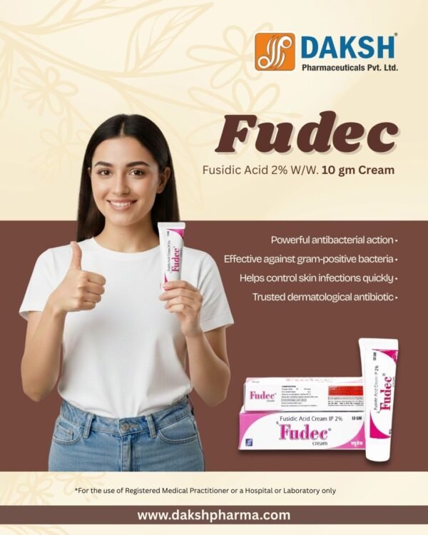FUDEC Fusidic Acid 2% w/w cream by Daksh Pharmaceuticals in 10 gm tube for bacterial skin infection treatment. Daksh pharma, PCD franchise, daksh pharma panchkula, Pharma distribution, third party manufacturing, Manufacturing company panchkula, Pharma company in India, Daksh panchkula, PCD Franchise across india, medicine wholesale distribution, haryana based pcd company, contract manufacturing, daksh, manufacturing capacity, medicine manufacturing, branded medicines india
