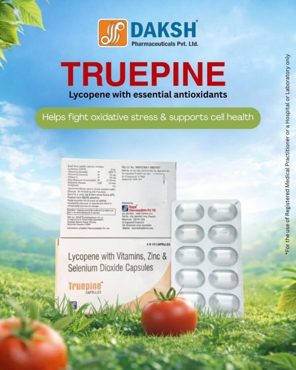 TRUEPINE range by Daksh Pharmaceuticals including Lycopene antioxidant tablets, TRUEPINE-Z softgel capsules, and Lycopene syrup in various packaging for immunity, antioxidant support, and general wellness. Daksh pharma, PCD franchise, daksh pharma panchkula, Pharma distribution, third party manufacturing, Manufacturing company panchkula, Pharma company in India, Daksh panchkula, PCD Franchise across india, medicine wholesale distribution, haryana based pcd company, contract manufacturing, daksh, manufacturing capacity, medicine manufacturing, branded medicines india