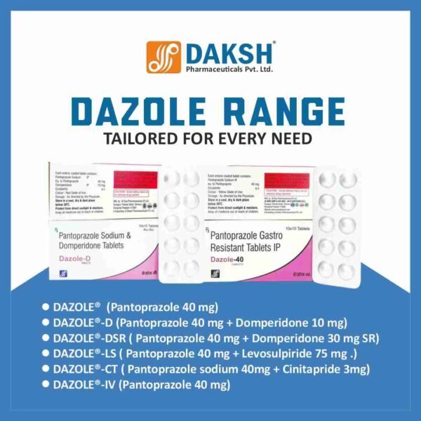 DAZOLE gastroprotective range by Daksh Pharma – Pantoprazole and prokinetic formulation pack.