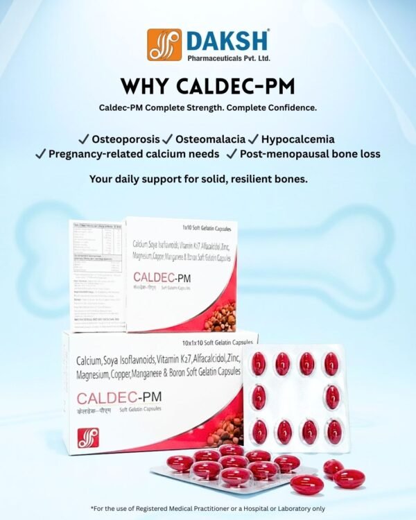 CALDEC-PM softgel capsules with Calcium Citrate Malate 1000 mg, Soya Isoflavones, Vitamin K2-7, Alfacalcidol, Zinc, Magnesium, Copper, Manganese and Boron in 10x1x10 packing for advanced bone and menopausal support.