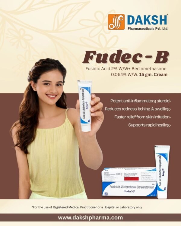 FUDEC range by Daksh Pharmaceuticals containing Fusidic Acid 2% w/w, Fusidic Acid with Beclomethasone, and Fusidic Acid with Mometasone in tube formulations for bacterial and inflamed skin conditions. Daksh pharma, PCD franchise, daksh pharma panchkula, Pharma distribution, third party manufacturing, Manufacturing company panchkula, Pharma company in India, Daksh panchkula, PCD Franchise across india, medicine wholesale distribution, haryana based pcd company, contract manufacturing, daksh, manufacturing capacity, medicine manufacturing, branded medicines india