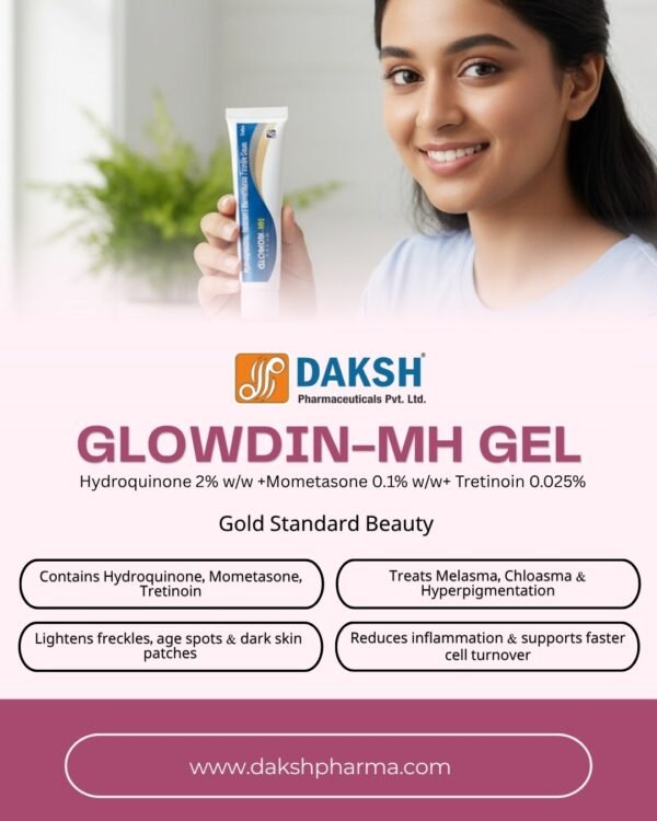 GLOWDIN-MH Gel – Hydroquinone, Mometasone & Tretinoin (15 gm) “GLOWDIN-MH dermatological gel with Hydroquinone 2%, Mometasone 0.1%, and Tretinoin 0.025% in a 15 gm tube for hyperpigmentation and melasma treatment.