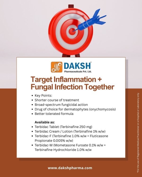 TERBIDAC tablets with Terbinafine 250 mg in ALU-ALU blister pack for systemic antifungal treatment