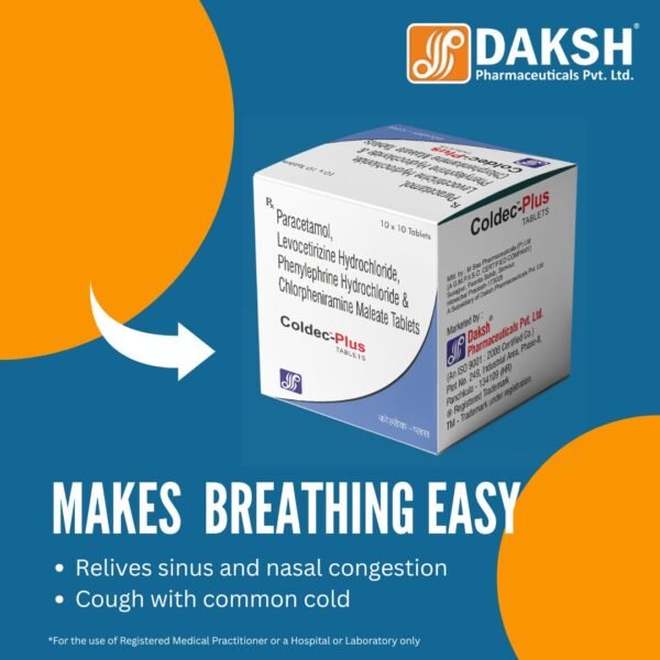 COLDEC™ PLUS Phenylephrine 5 mg + Chlorpheniramine Maleate 4 mg + Paracetamol 500 mg + Levocetirizine 5 mg Tablets 10 X 10 Blister by Daksh Pharma, cold and flu relief medicine for nasal congestion, fever, allergy, runny nose and sinus symptoms treatment, Daksh pharma, PCD franchise, daksh pharma panchkula, Pharma distribution, third party manufacturing, Manufacturing company panchkula, Pharma company in India, Daksh panchkula, PCD Franchise across india, medicine wholesale distribution, haryana based pcd company, contract manufacturing, daksh, manufacturing capacity, medicine manufacturing, branded medicines india