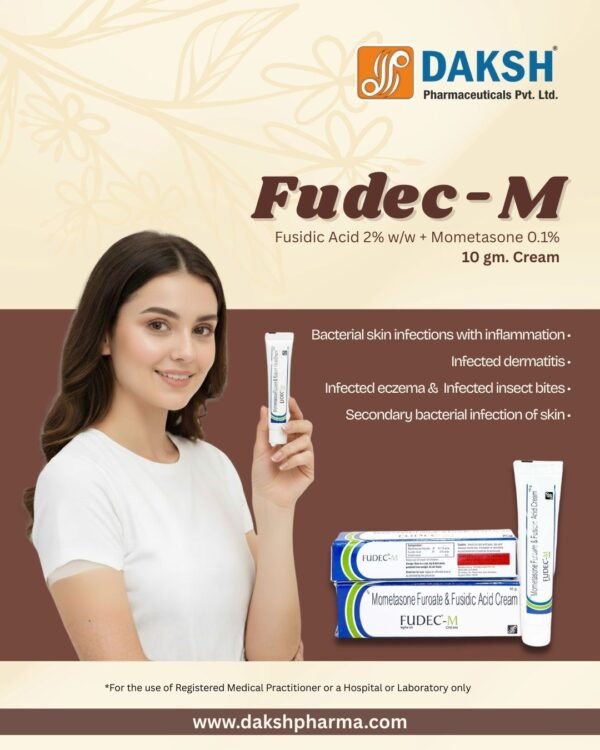 FUDEC-M Fusidic Acid 2% w/w and Mometasone Furoate 0.1% w/w cream by Daksh Pharmaceuticals in 10 gm tube for bacterial skin infections and inflammation Daksh pharma, PCD franchise, daksh pharma panchkula, Pharma distribution, third party manufacturing, Manufacturing company panchkula, Pharma company in India, Daksh panchkula, PCD Franchise across india, medicine wholesale distribution, haryana based pcd company, contract manufacturing, daksh, manufacturing capacity, medicine manufacturing, branded medicines india