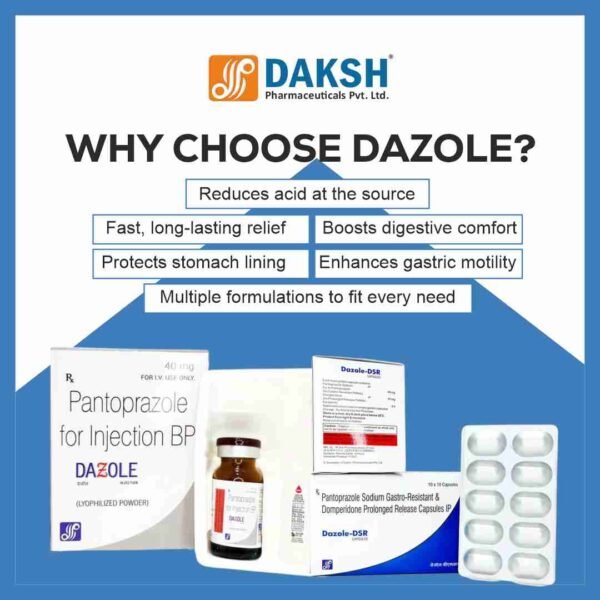 DAZOLE gastroprotective range by Daksh Pharma – Pantoprazole and prokinetic formulation pack.