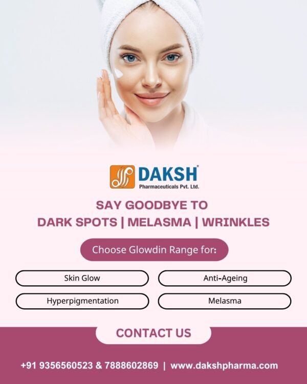 GLOWDIN skincare range featuring dermatology formulations for brightening, acne care, pigmentation control, and skin rejuvenation, including face washes, lotions, gels, and antioxidant tablets.